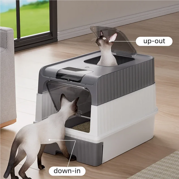 A gray and white foldable enclosed cat litter box is shown with a cat using the down-in feature.