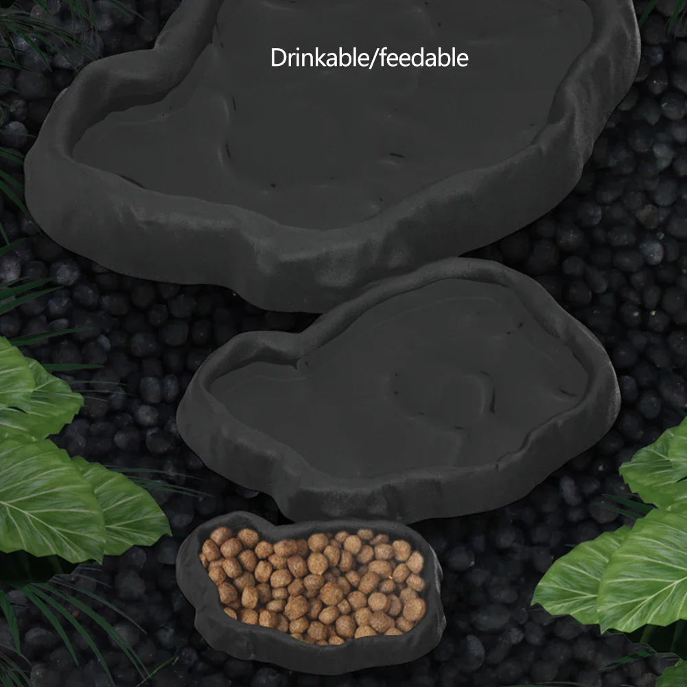 A dark gray natural rock reptile feeding and water dish with a food compartment visible.