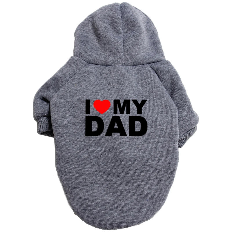 A gray plush winter hoodie with the text I love my dad printed on the back.