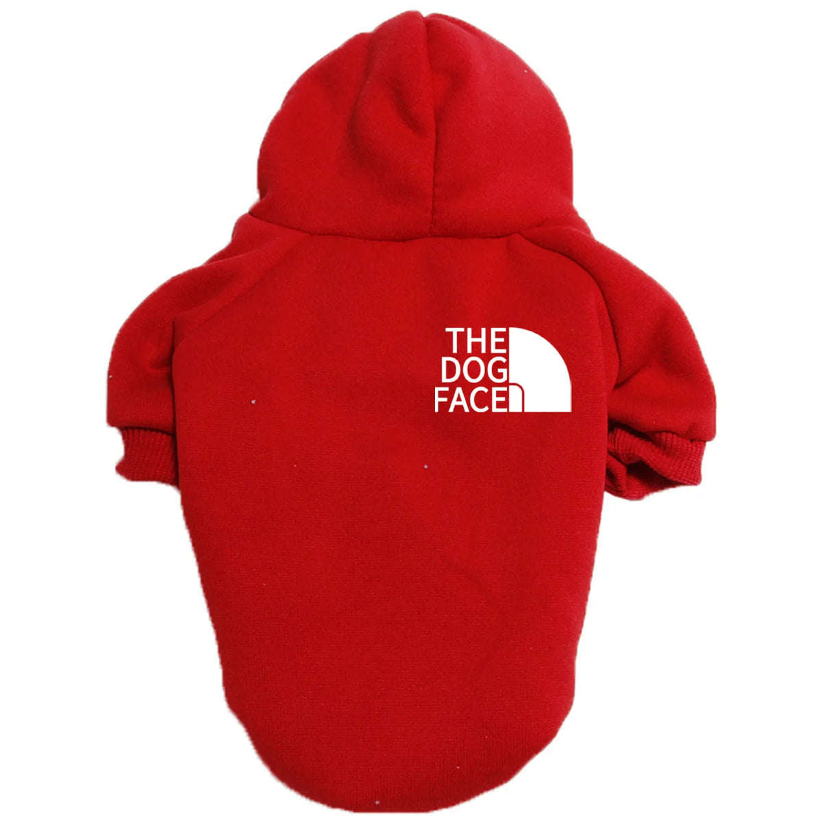 A red cozy fleece pet hoodie with a white dog face graphic on the back.