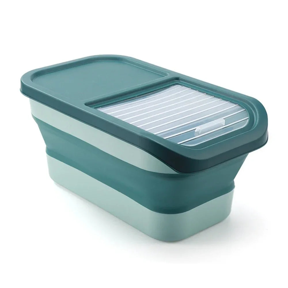 A teal collapsible airtight pet food storage container with a clear plastic lid.