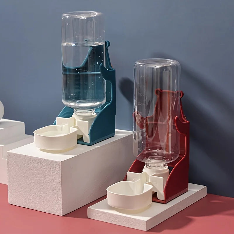 A set of No-Drip hanging water bottles for small pets in glass and plastic containers displayed on a pink surface.