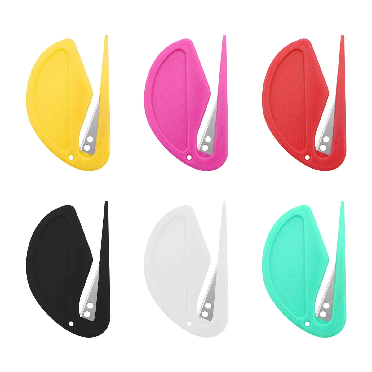 A set of five stainless steel pet deshedding and knot removal tools in yellow, pink, red, black, and teal colors.