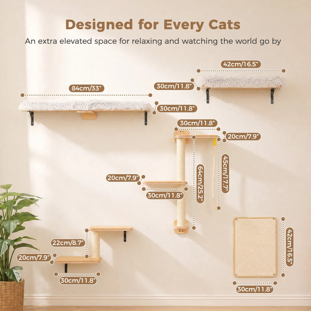 Modular Wall-Mounted Cat Climbing Shelves with Scratching Posts