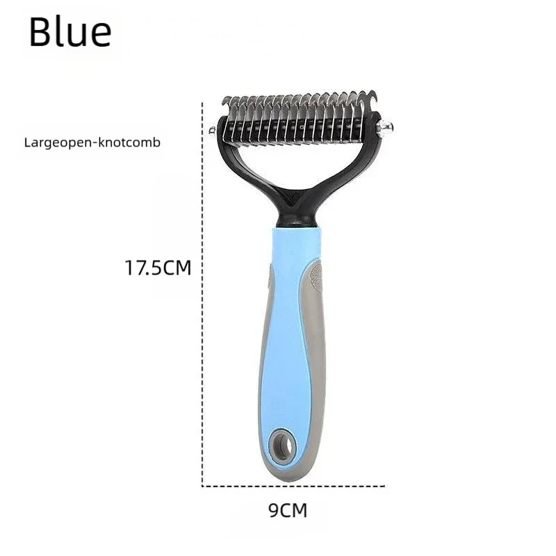 Blue large open comb pet grooming brush for detangling and shedding removal