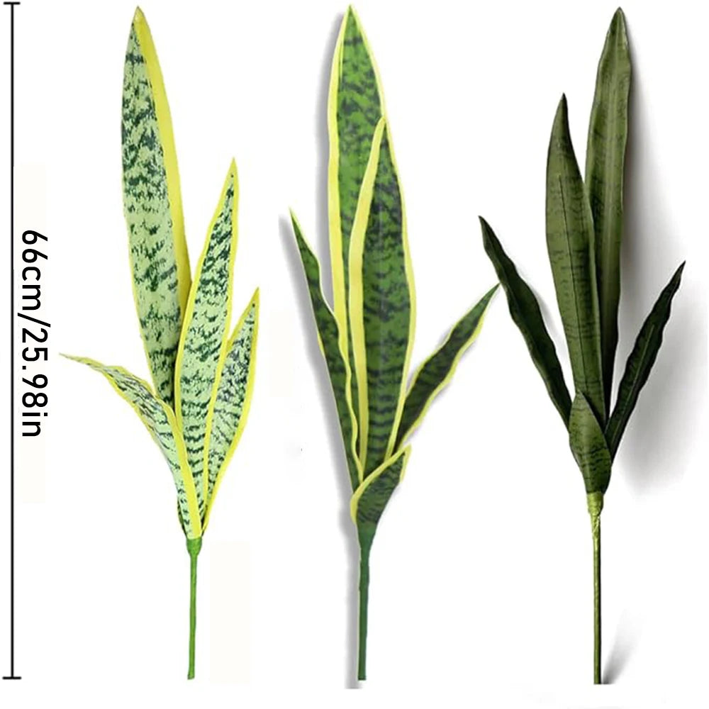 Artificial snake plant with pot featuring variegated green and yellow leaves.