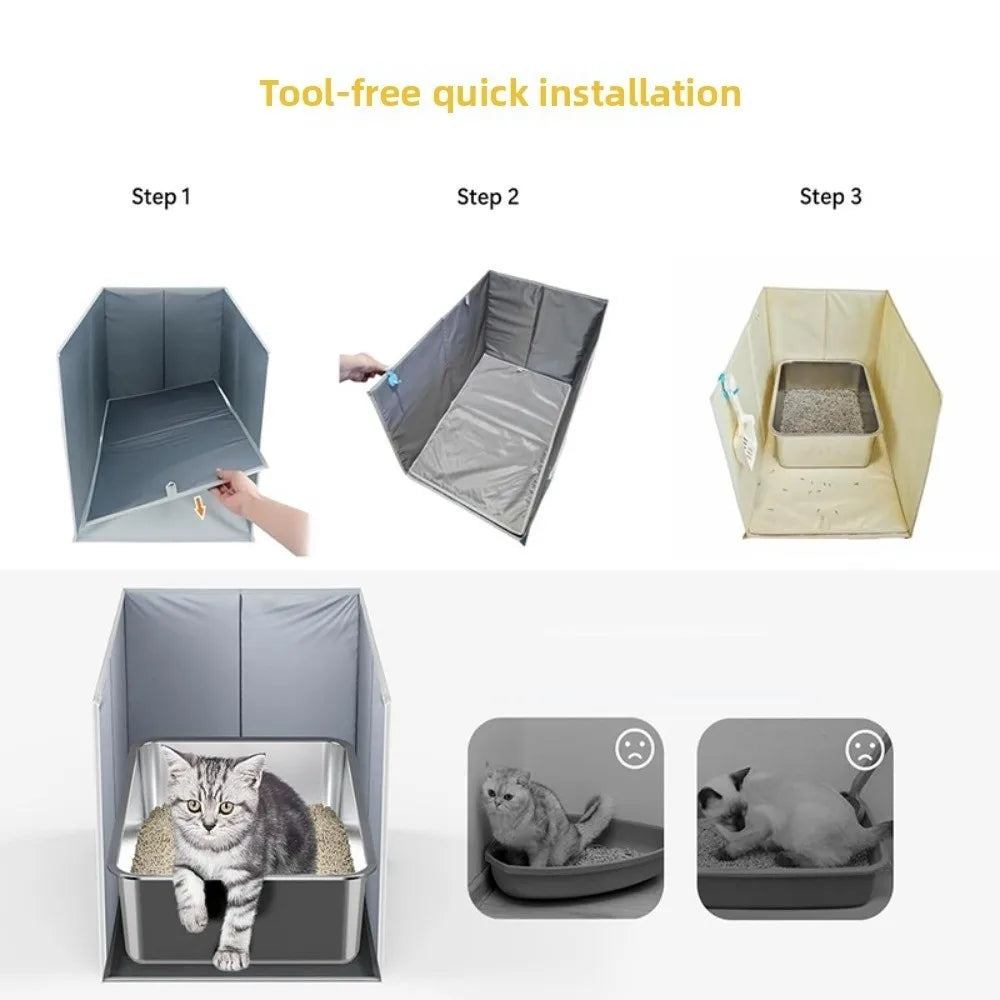 Three steps showing the tool-free quick installation of a foldable cat litter box enclosure with a splash guard.