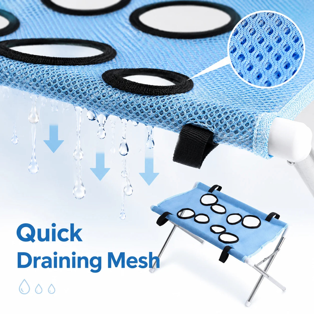 A blue mesh pet bath featuring drainage holes and a separate stand for washing small dogs and cats.