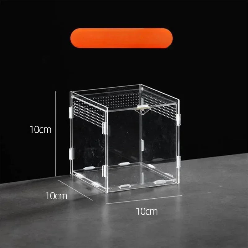 A clear acrylic reptile terrarium box with a solid orange lid and internal dots.