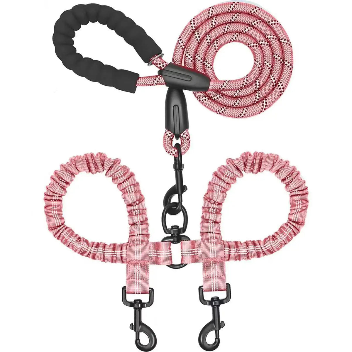 A pink and black double dog leash with shock absorbing bungee and braided nylon collar.