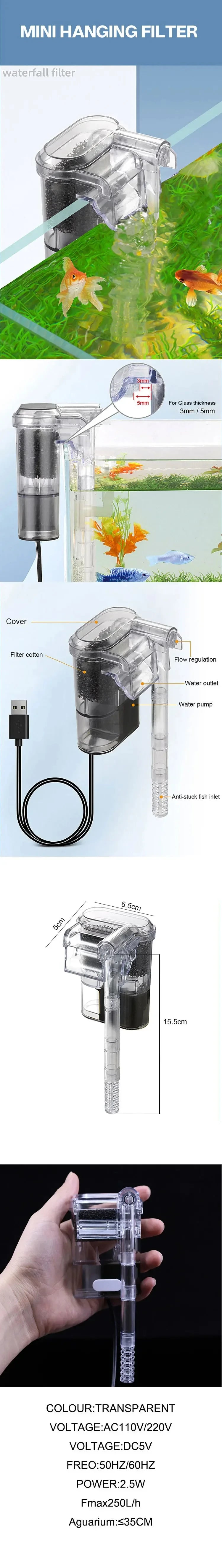 Suspended USB Aquarium Filter - Mini 2.5W for Small Tanks