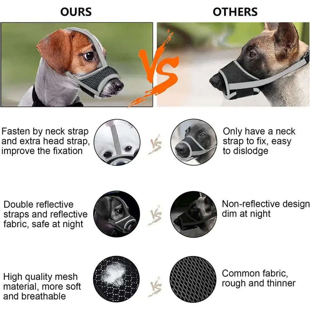 Comparison of a breathable adjustable dog muzzle showing features like fit, reflection, and material quality.