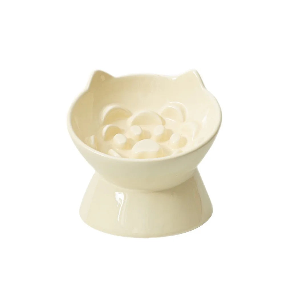 A white ceramic pet food bowl with a raised, slanted design sitting on a matching saucer.