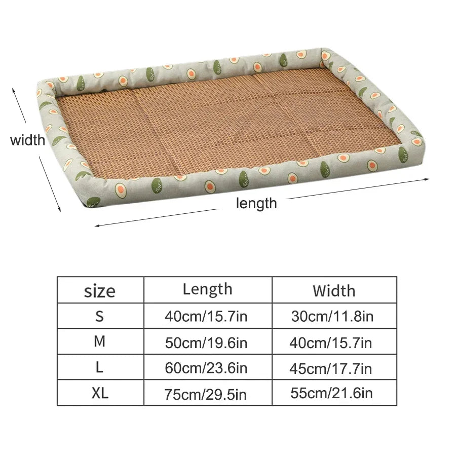 A set of four summer cooling rattan pet beds in various sizes S, M, L, and XL with breathable cotton mats.