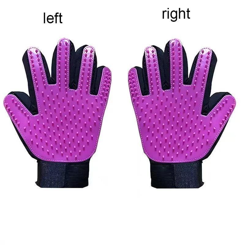 Pair of purple silicone pet grooming gloves shown from the left and right sides