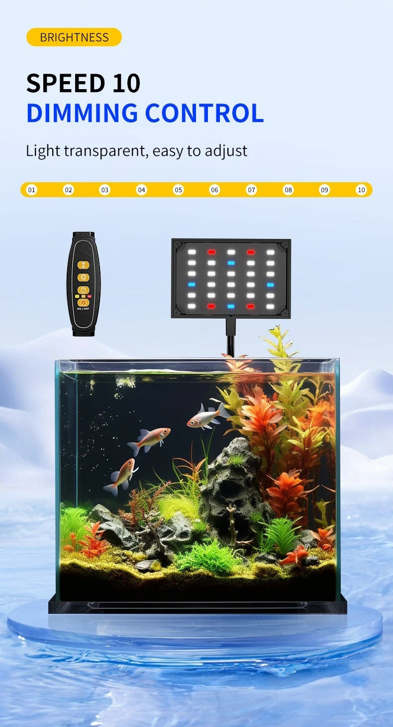A black digital dimmer control device is shown above a glass aquarium filled with aquatic plants and fish.