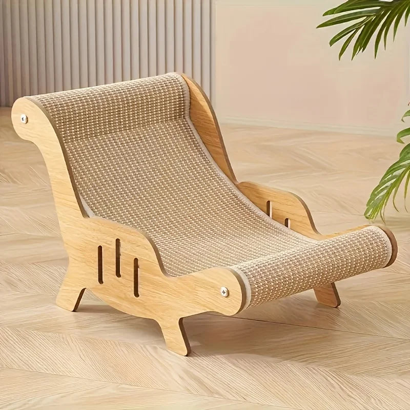 A wooden cat scratcher pad with a woven surface and detachable sleeping bed is shown on a light wood floor.