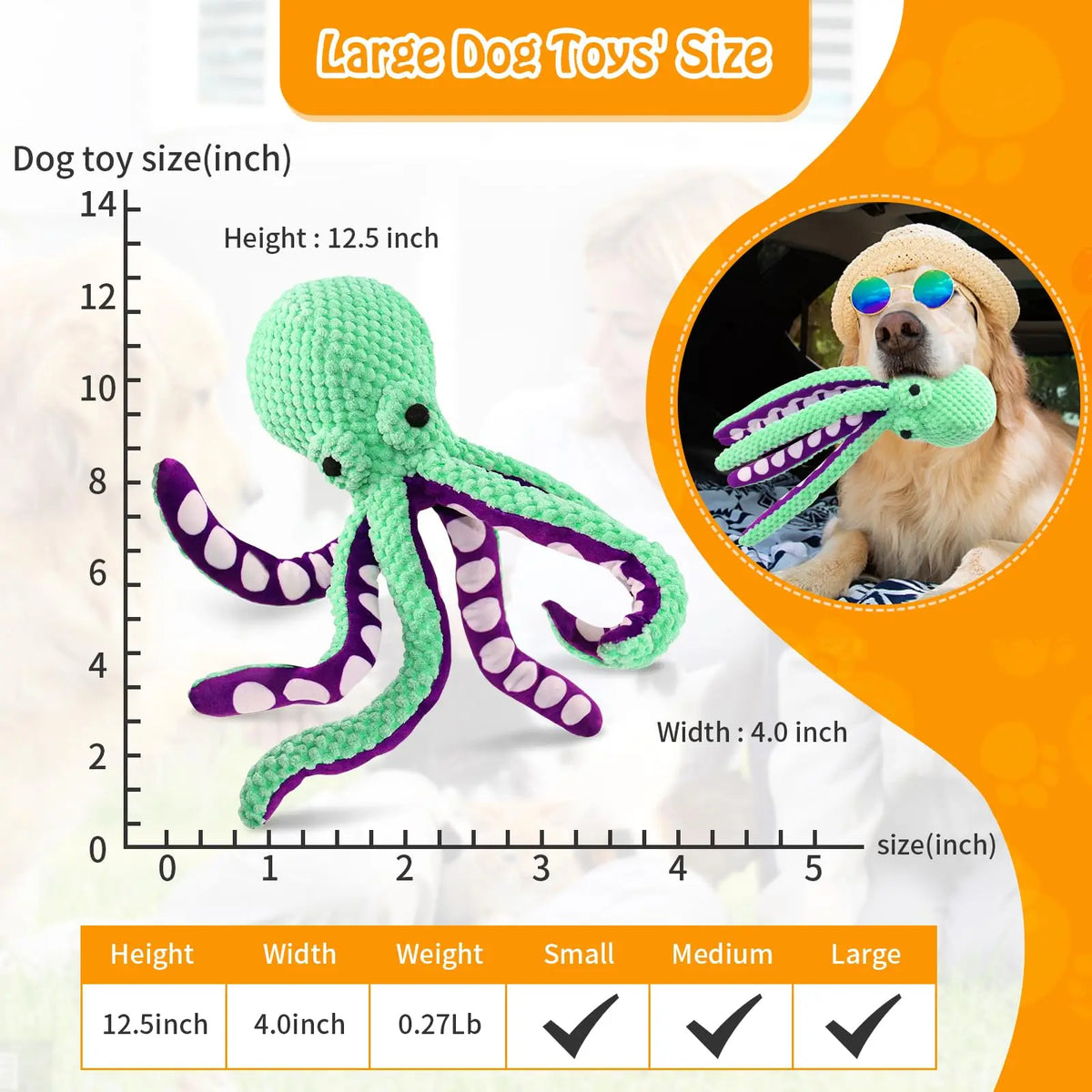 A green squishy octopus plush dog toy with purple accents shown next to a golden retriever.