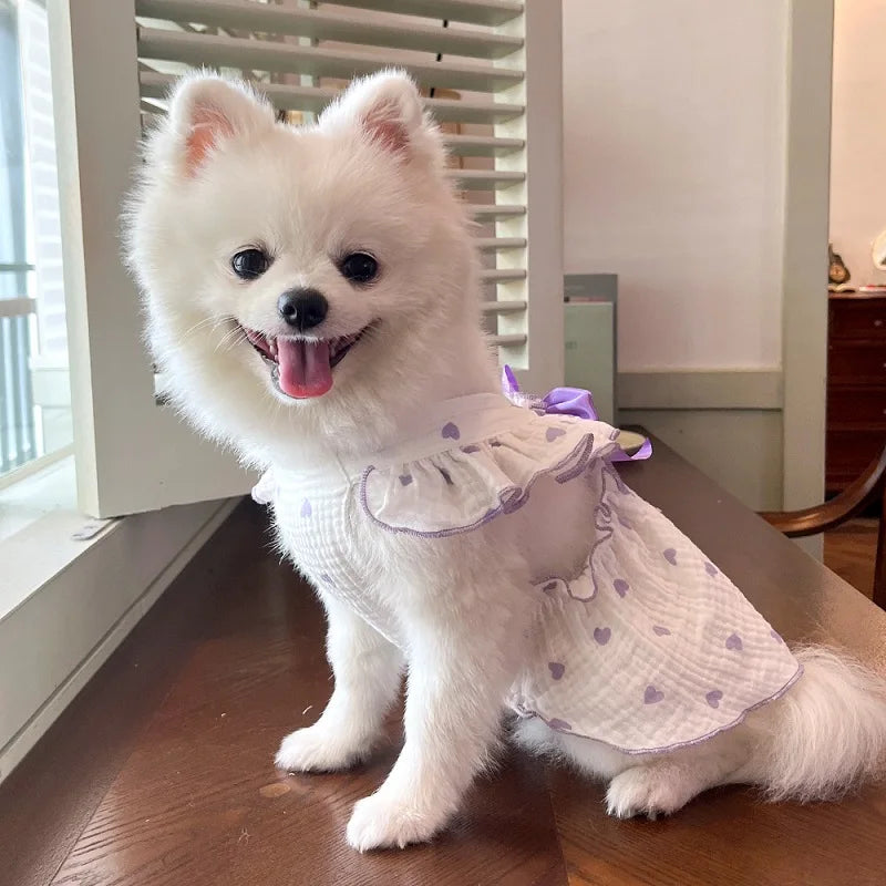 Cool Cotton Summer Dress for Small Dogs with Bow Print