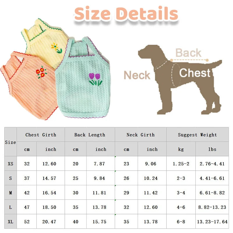 A set of floral embroidered summer pet vests for small and medium dogs in various sizes XS to XL with corresponding measureme