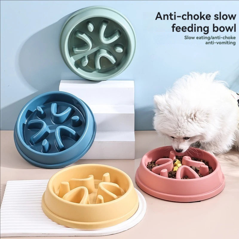 A set of anti-choke slow feeding bowls for pets, including a green bowl, a blue bowl, and a pink bowl, next to a white block 