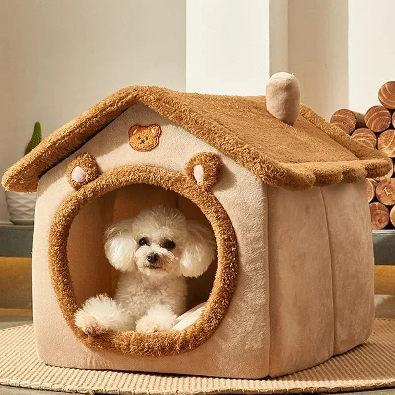 A beige foldable pet kennel with a rounded roof and an arched entrance, featuring a small white dog inside.