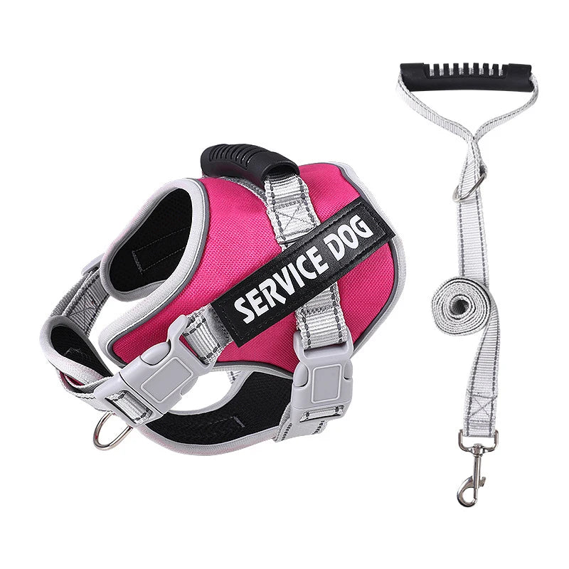 Pink and black service dog harness with a reflective strap and custom name tag