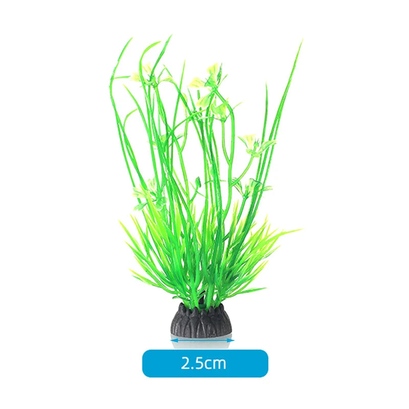A clump of bright green aquarium plants with small yellow flowers growing in a pot.