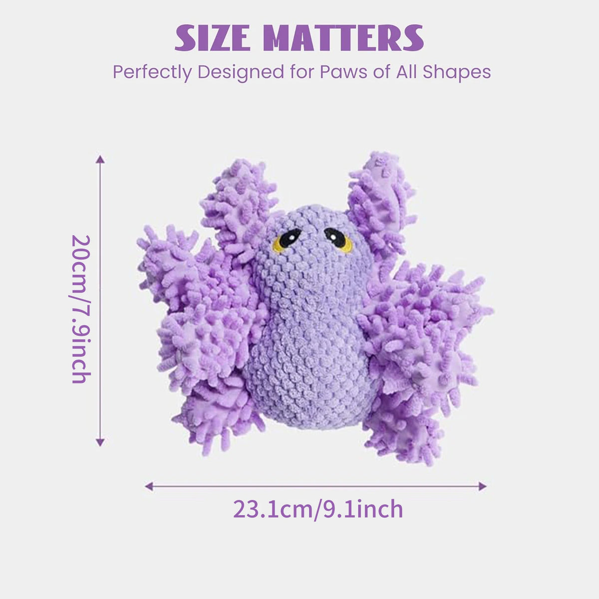 A purple plush squeaky dog toy designed for paws of all shapes, showing its size and texture.