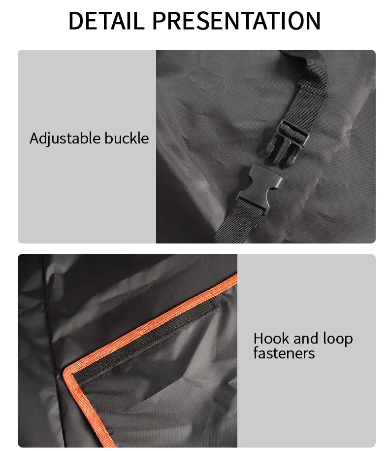 Detail presentation showing an adjustable buckle and hook and loop fasteners on a black waterproof SUV cargo liner for dogs.