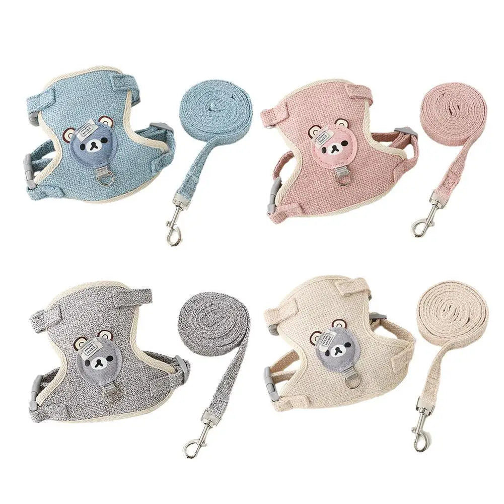 A set of four comfortable pet leash harnesses for dogs and cats in various pastel colors including blue, pink, gray, and beig