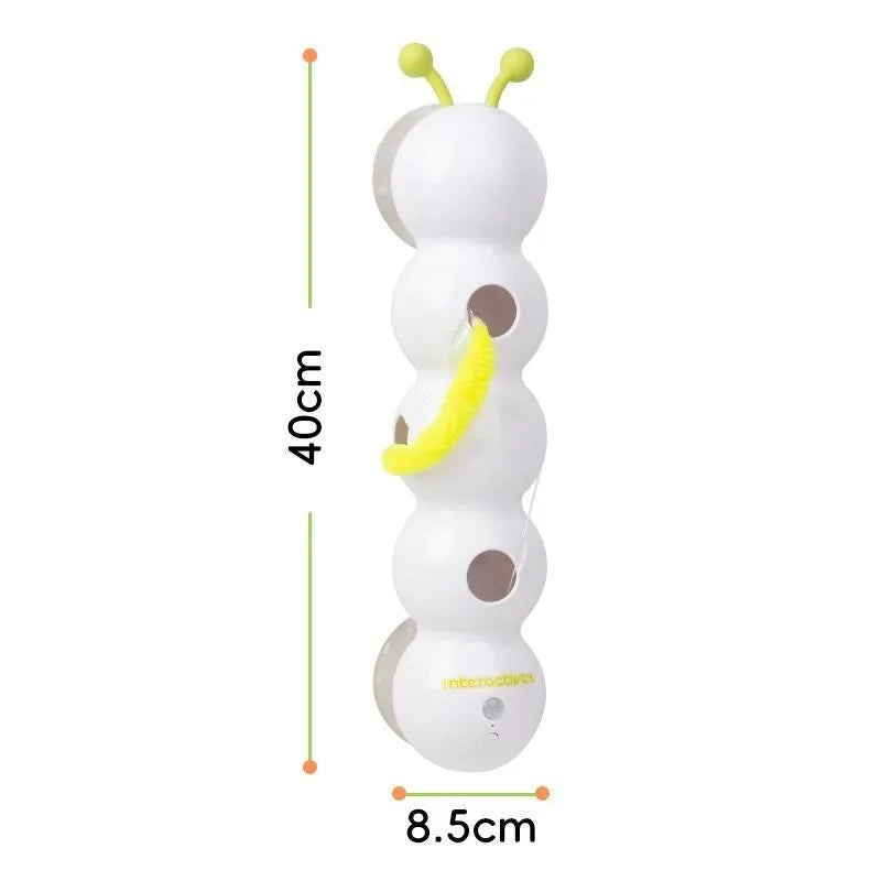 Jouet interactif pour chat blanc en forme de ver avec une extrémité jaune et duveteuse.