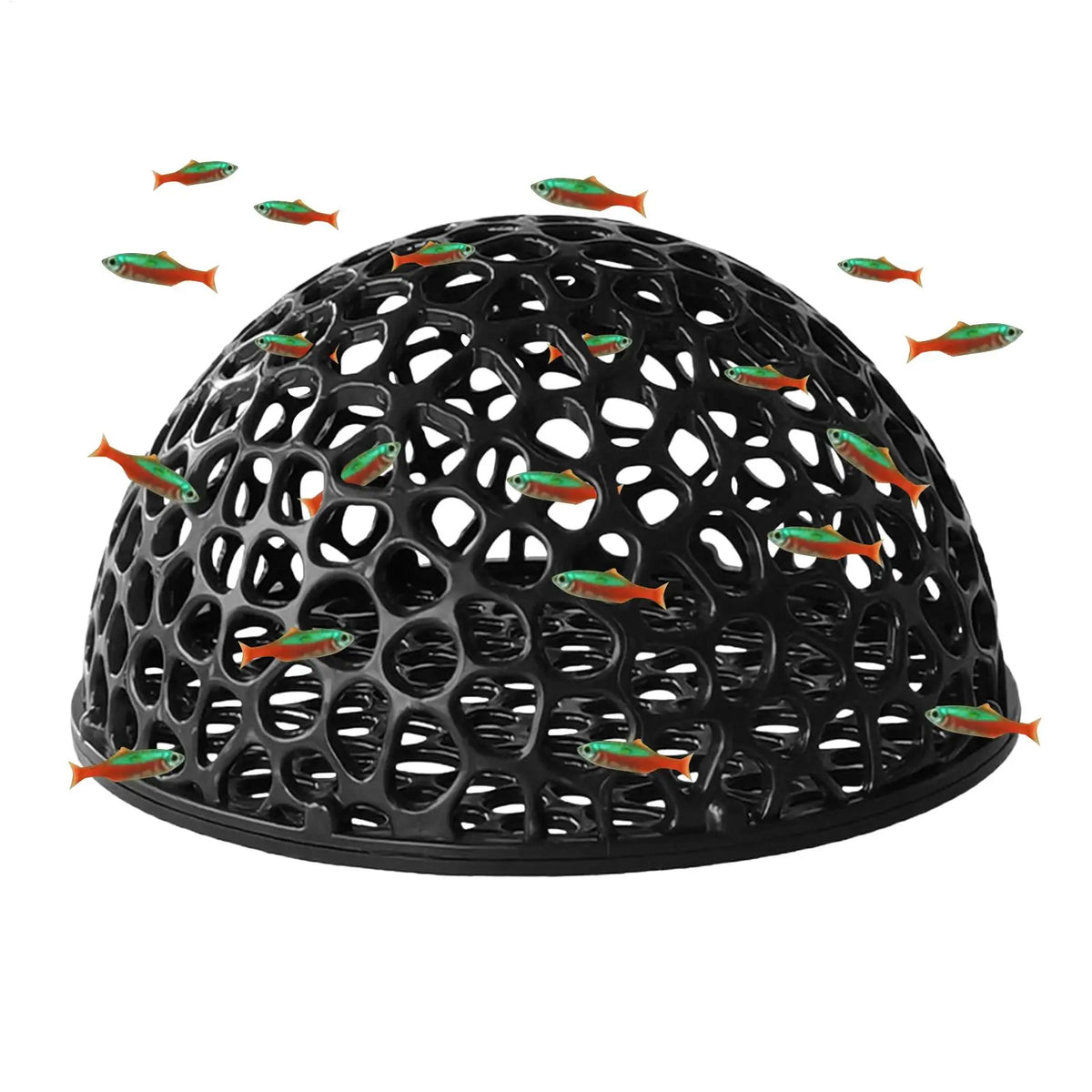 Black porous aquarium hideout featuring small fish swimming around the structure.