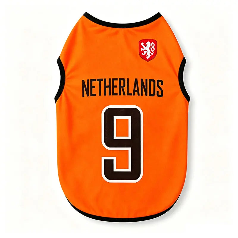Gilet de maillot sportif orange pour animaux de compagnie avec le numéro 9 et l'emblème des Pays-Bas