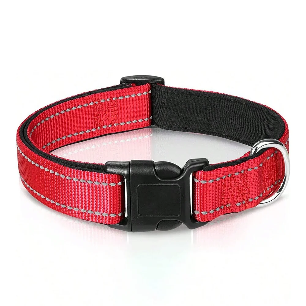 A red and black padded dog collar with reflective safety stripes shown against a white background.