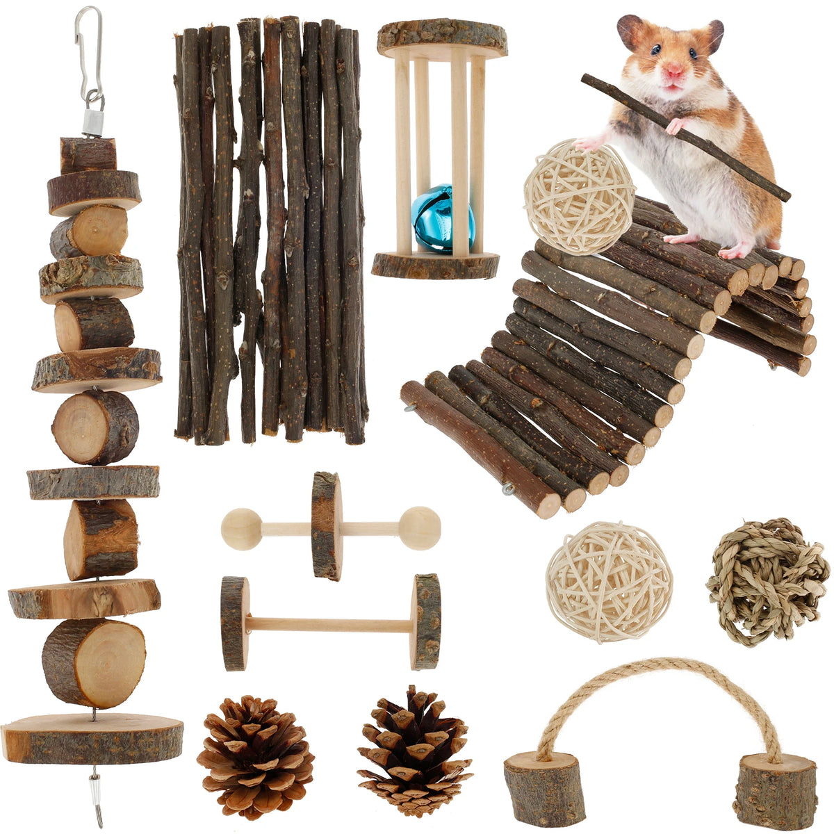 Natural Wood Chewing Toy Set for Small Pets