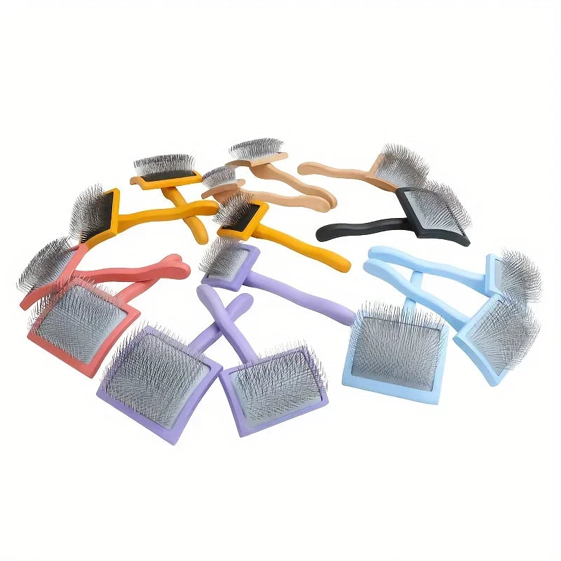 A collection of various colored pin dog slicker brushes for detangling and de-shedding.