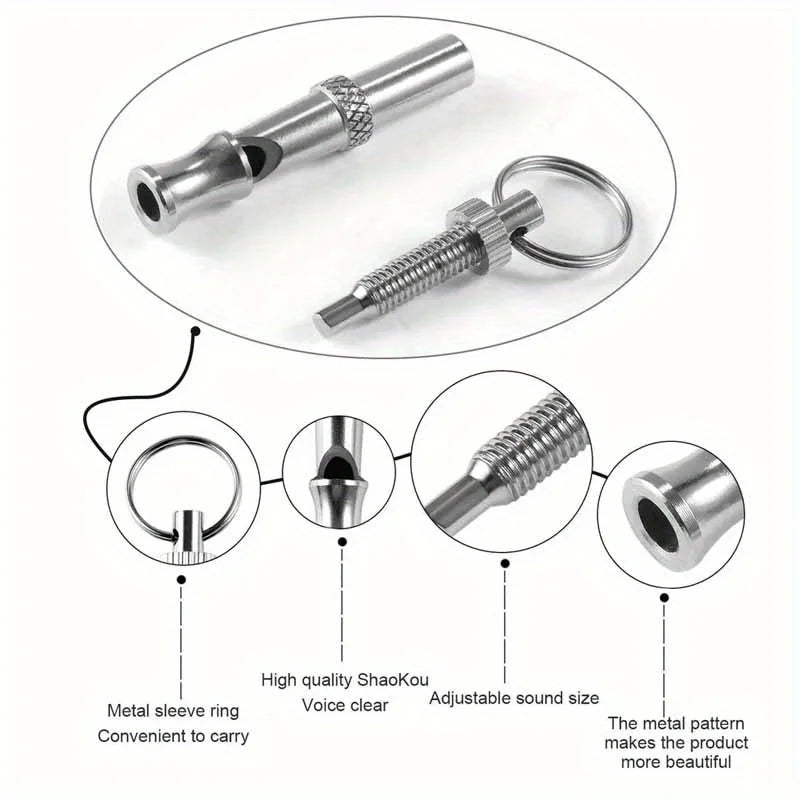 Adjustable stainless steel dog whistle with a metal sleeve ring for pet recall