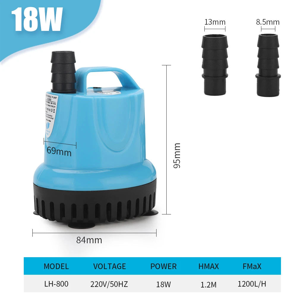 Blauer Tauch-Aquarium-Wasserpumpe mit 69mm Gehäuse, 18W Leistung und verschiedenen Düsen.