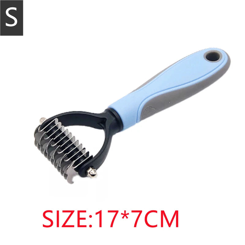 A light blue and gray stainless steel pet dematting comb for dogs and cats.