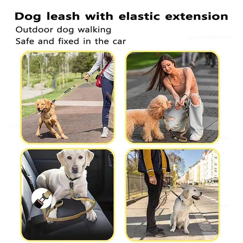 Reflective Bungee Dog Leash with Car Seatbelt Attachment for Large Dogs