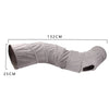 A light gray foldable S-shape cat tunnel with a suede finish, measuring 132 cm long and 25 cm wide.