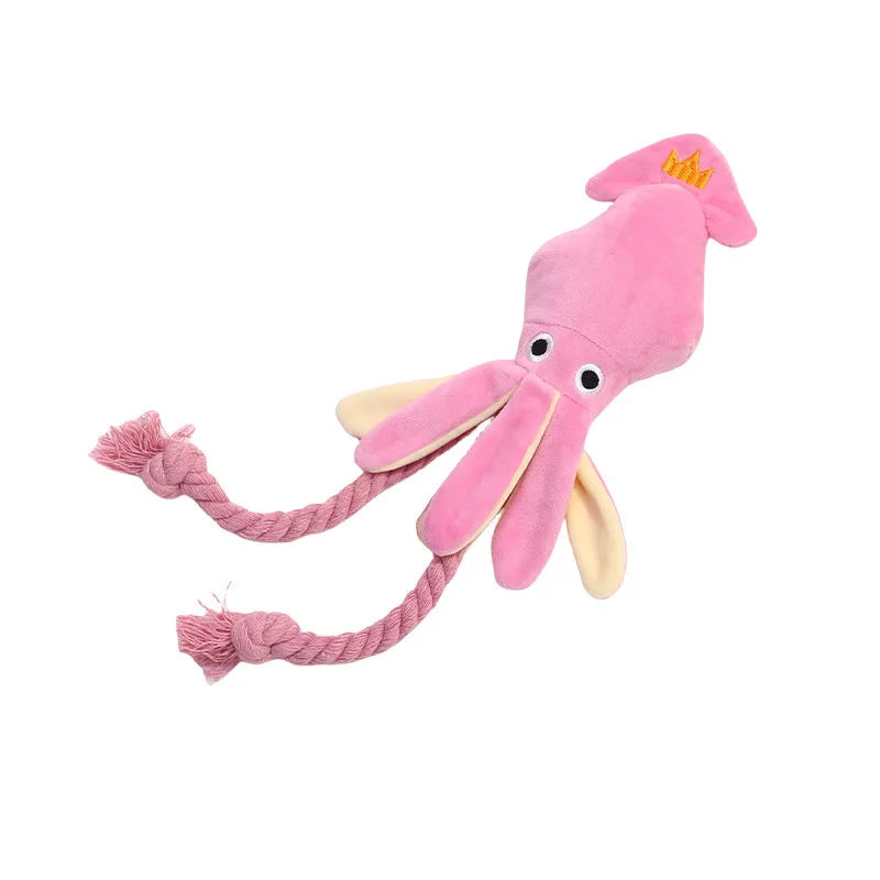 Pink squeaky octopus dog toy with a cotton rope tail for interactive play