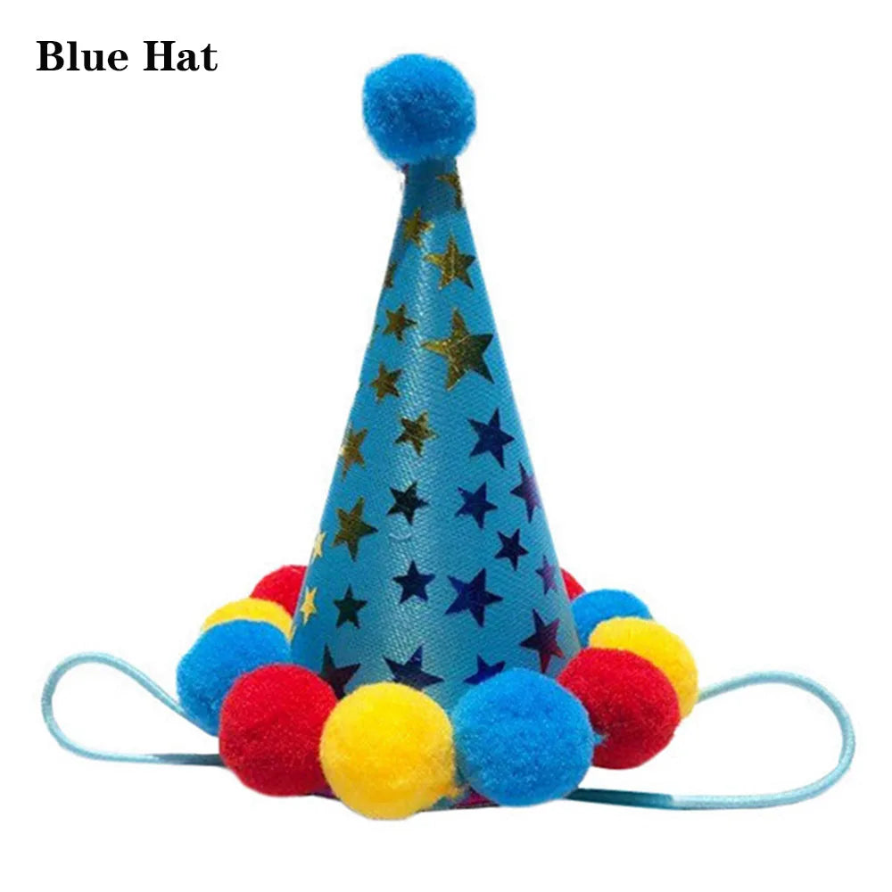 Blue hat with gold stars and red pom-poms for pet party headwear