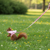 A small brown squirrel wearing a pink harness is being led by a pink leash across a green grassy field.