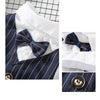 A navy blue striped tuxedo bow tie on a white shirt for a dog or cat.