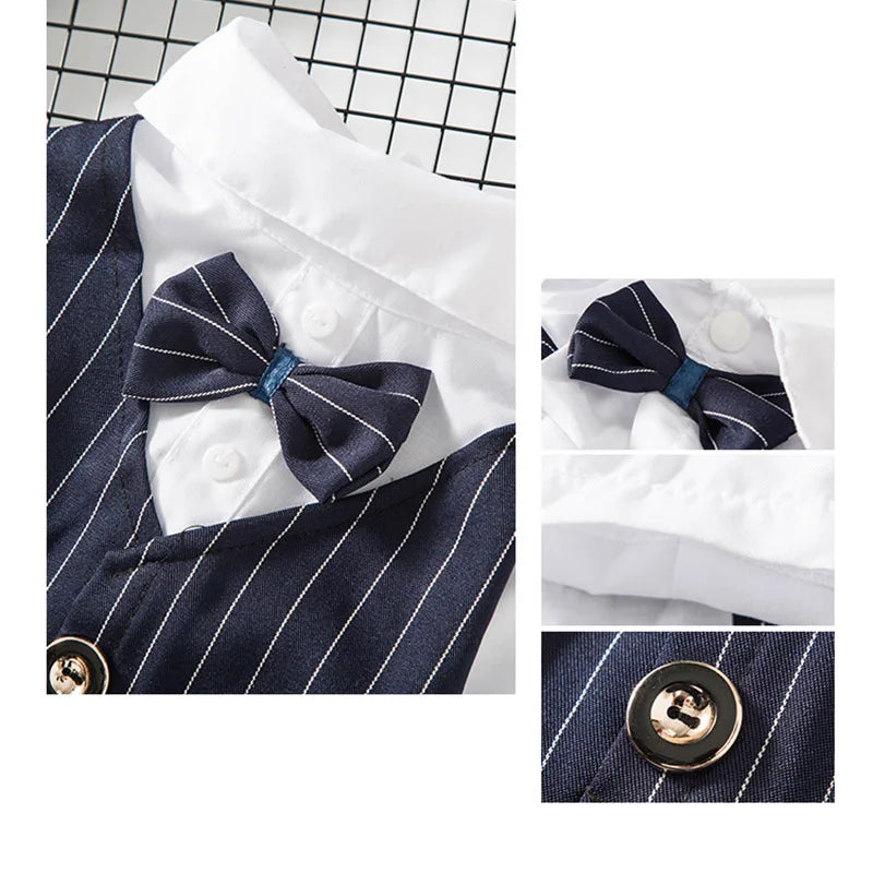 A navy blue striped tuxedo bow tie on a white shirt for a dog or cat.