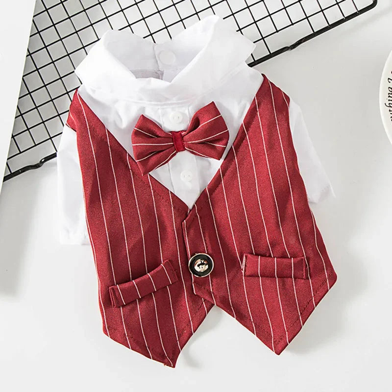 A red pinstripe vest with a bow tie displayed on a white shirt for pets.
