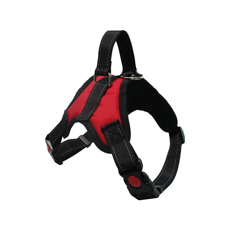 Black dog harness with red padding and reflective stitching for dog walking.