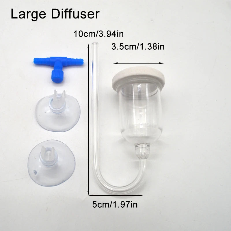 A large diffuser for aquarium CO2 with a control valve and bubble counter, shown with various components and dimensions.